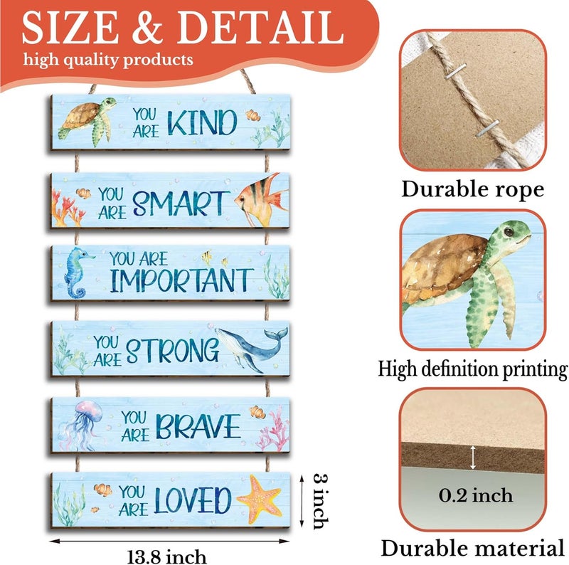 HIWERAN 6 Pieces Ocean Decor Kids Room Decor, Inspirational Watercolor Ocean Positive Quotes Wall Art Decor for Teens Children Bedroom, Works of Art Made of Wood, Works of Art of Wood, Placards of Woods - Image 2